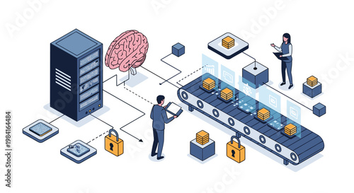 Isometric concept of artificial intelligence processing data on factory conveyor belt with server and human brain link.