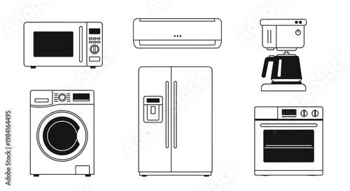 Simple black and white line icons of common household appliances including microwave, refrigerator, and washing machine.