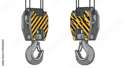 Pair of heavy industrial crane hooks with yellow and black hazard stripes for construction and lifting operations.