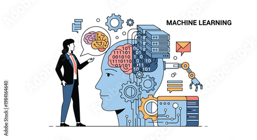 Machine learning concept with woman presenting data processing brain connected to human head profile and gears.