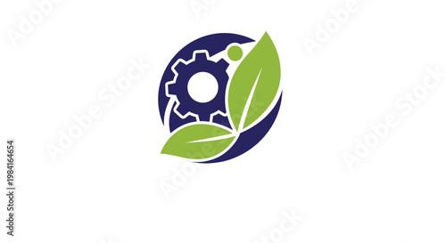 Eco friendly industrial logo combining a mechanical gear with green leaves representing sustainable manufacturing.