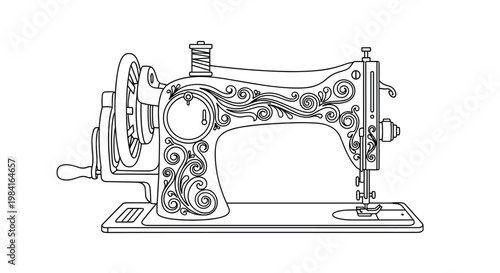 Intricate black and white line art illustration of classic vintage sewing machine with decorative floral patterns.