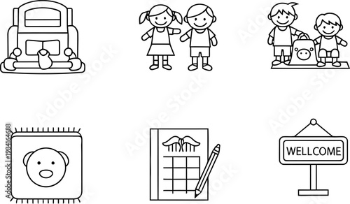 Preschool kindergarten line outline icon collection