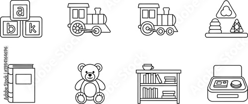 Kindergarten child toy outline icon set