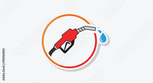 Fuel pump nozzle icon with blue drop of liquid inside circular frame on grey background.