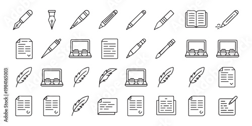 Extensive library of linear writing and blogging icons with various pens pencils feathers and digital laptops.