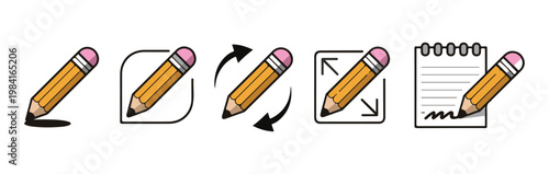 Colorful cartoon pencil icons illustrating diverse creative actions including sketching signing and rotating.