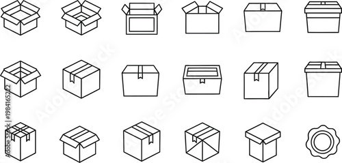 Cardboard shipping box outline icon set