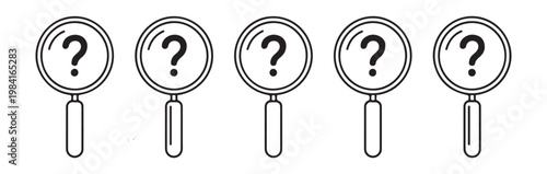 Magnifying glass with question mark inside concept of searching for answers or unknown problem.