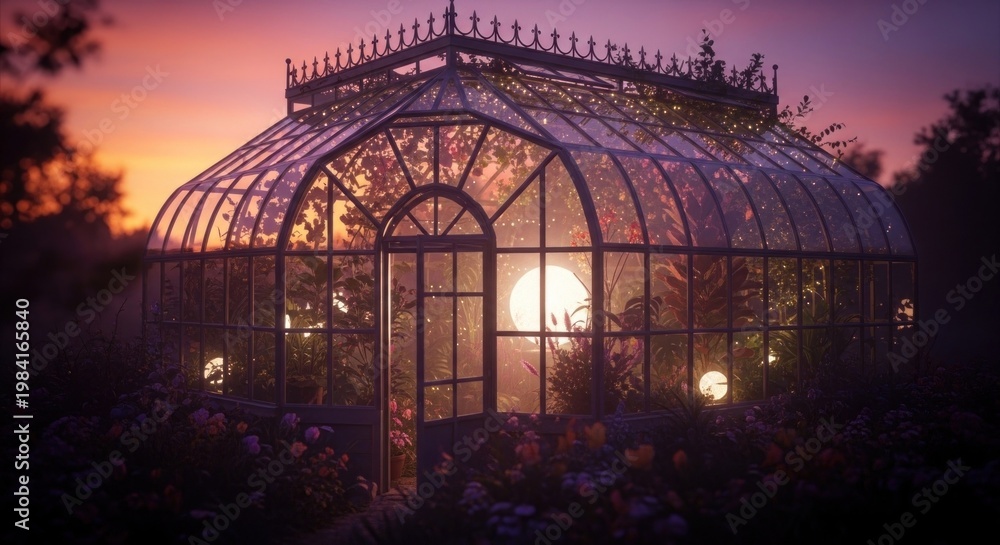 Fototapeta premium A vintage greenhouse with a glass roof and ornate ironwork, filled with lush greenery and flowers, illuminated by a warm, glowing moonlight at dusk, casting a serene and magical atmosphere.