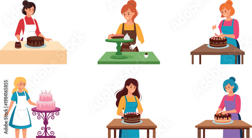 Women baking cakes and decorating desserts in kitchen scenes with different poses isolated vector illustration collection for bakery concept