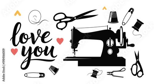 Sewing machine silhouette with love you typography surrounded by scissors thimbles and thread spools.