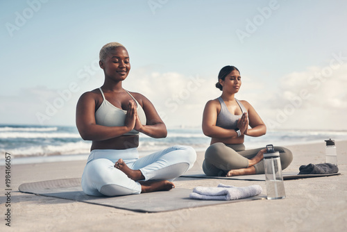 Photos Zen, friends and yoga at ocean with meditation, introspection and enlightenment for inner peace