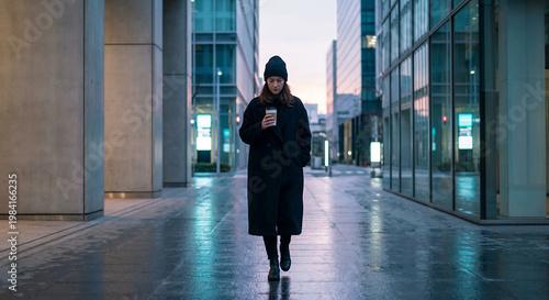 A woman in a black coat and beanie walks down a wet city street holding a coffee cup.