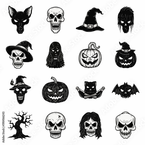 Set of sixteen hand-drawn black and white Halloween vector icons including skulls wearing witch hats, jack-o'-lantern pumpkins, a spooky tree, werewolf head, and gothic ghouls.