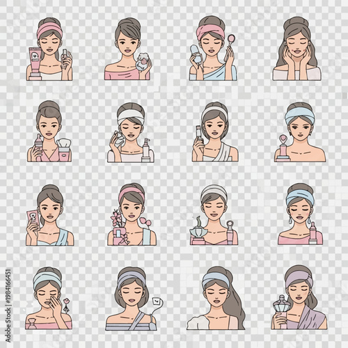 Vector illustration set of sixteen icons depicting women in various skincare routines, including applying face cream, using a massage roller, facial cleansing, and aromatherapy.