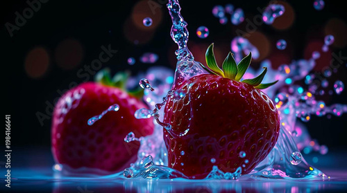 Ultra Realistic Strawberries Splashing in Water with Dramatic Lighting