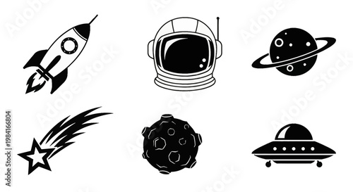 Set of black and white flat design space icons featuring a rocket ship, astronaut helmet, ringed planet, shooting star, cratered asteroid, and classic UFO flying saucer on white.