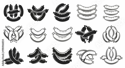 Set of fifteen black and white sausage vector illustrations featuring various arrangements including piles, links, and pairs of frankfurters or bratwursts on a white background.