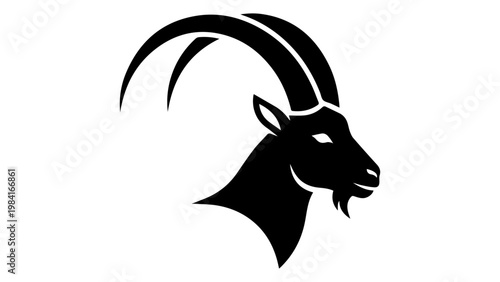 Stylized silhouette of an ibex head with large curved horns mountain goat capra ibex black and white