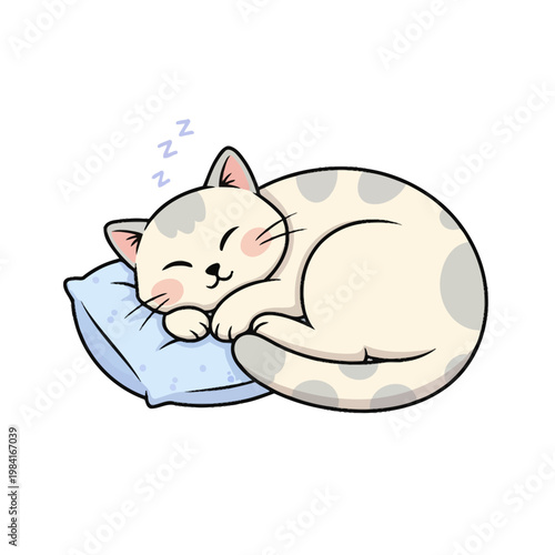Cute and peaceful white cat with gray spots sleeping soundly on a blue patterned pillow, illustrating rest and tranquility