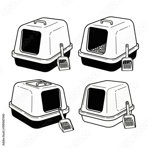 Set of four black and white line art vector illustrations featuring enclosed cat litter boxes with top handles and cleaning scoops, isolated on white background for pet care.