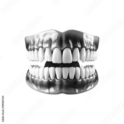 Human teeth and gums in monochrome halftone style, detailed dental illustration representing oral health, dentistry, hygiene, and medical anatomy.