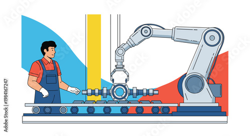 Industrial automation scene with worker monitoring robotic arm assembly on factory production line conveyor.