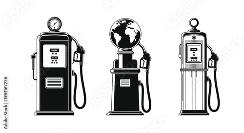 Collection of three vintage black and white gas pump illustrations featuring classic and globe designs.