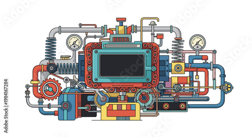 Stylized illustration of complex fantastic machine with colorful pipes gears gauges and central screen monitor.