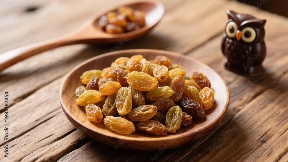 Fototapeta premium A wooden bowl filled with golden raisins on a rustic table, accompanied by a spoon and a small owl figurine.