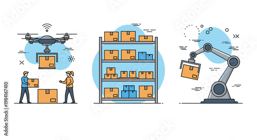 Automated warehouse logistics featuring delivery drone, robotic arm, and workers managing inventory storage and distribution process.