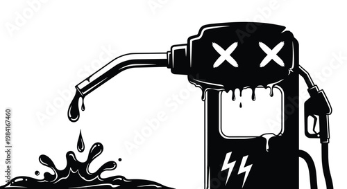 Dramatic black and white illustration of a fuel pump with cross eyes and dripping oil symbolizing the end of fossil fuel era.
