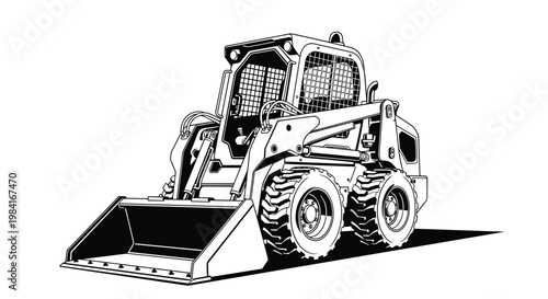 Detailed black and white line art illustration of a skid steer loader heavy equipment machine used for construction and landscaping.