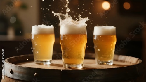 Three glasses of beer with foam splashing on a wooden barrel in a dimly lit setting