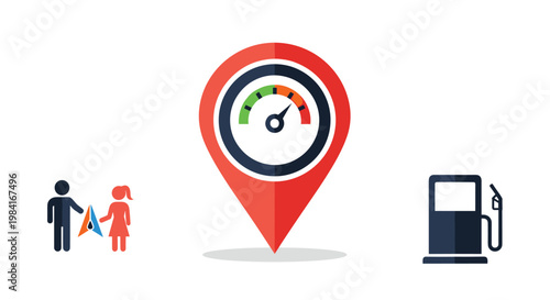 Fuel station locator infographic featuring a large red map pin with an integrated fuel gauge and gas pump icons for navigation.