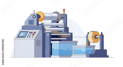 Large scale industrial manufacturing machine for processing large rolls of paper or film in a factory setting with control panel.