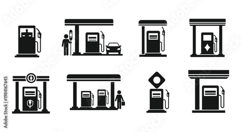Set of diverse black and white fuel pump and gas station icons showing cars, attendants, and various station structures for design.
