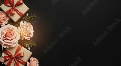 Elegant gift and rose arrangement on a dark background