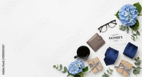 Flat lay with hydrangeas wallets headphones and sunglasses