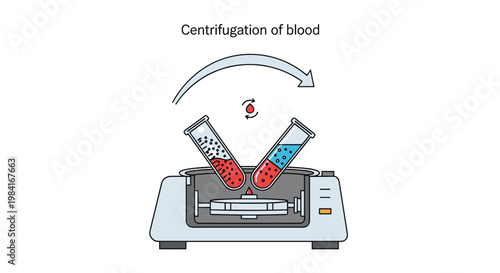 Scientific diagram illustrating the centrifugation of blood in test tubes within a medical laboratory machine for diagnostic testing.