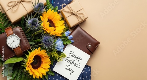 Gift arrangement with sunflowers thistles and a leather journal