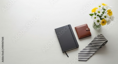 Still life with wallets notebook flowers and a striped scarf