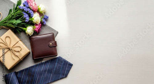 Gift arrangement wallet tie and flowers for a special occasion