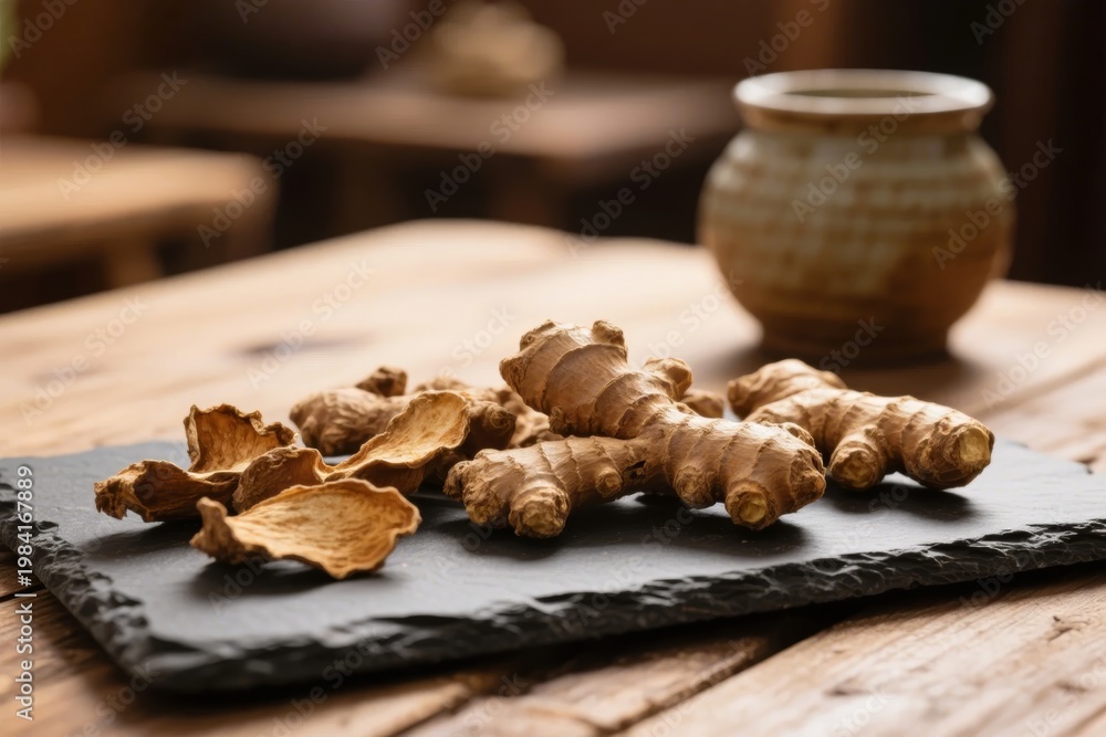Fototapeta premium Fresh and dried ginger roots displayed on a slate tray on a wooden table with a ceramic jar in the background