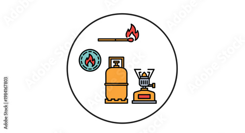 Collection of fire and gas utility items including a lit match, a gas cylinder tank, and a portable camping stove burner.