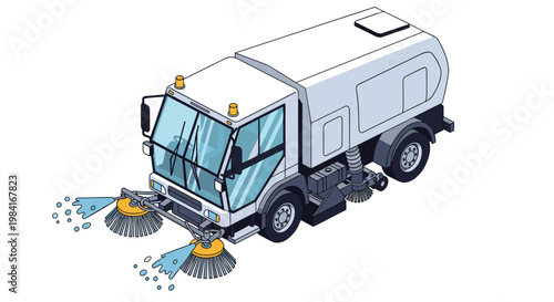 Modern isometric street sweeper truck with rotating brushes and water spray system for urban sanitation and road maintenance.