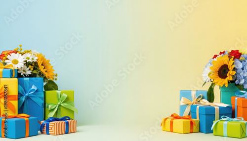Colorful gift boxes and vibrant sunflowers on a light background
