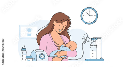 Young mother breastfeeding her baby while sitting next to an electric breast pump machine for postpartum lactation support.