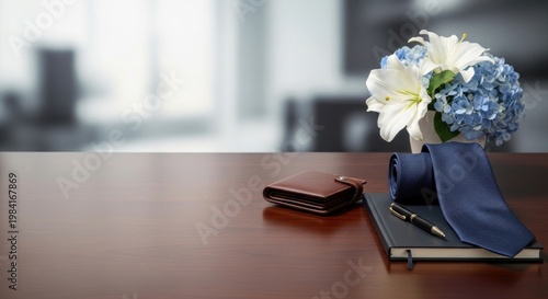 Elegant floral arrangement with wallet and phone on wooden surface